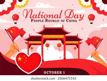 National Day of the People's Republic of China Vector Illustration for October 1st featuring a Waving Flag and Asian Elements in a Flat Red Background