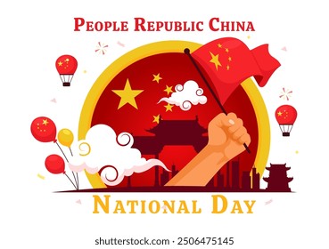 National Day of the People's Republic of China Vector Illustration for October 1st featuring a Waving Flag and Asian Elements in a Flat Red Background