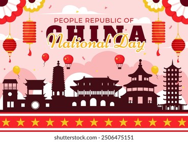 National Day of the People's Republic of China Vector Illustration for October 1st featuring a Waving Flag and Asian Elements in a Flat Red Background