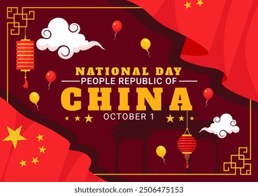 National Day of the People's Republic of China Vector Illustration for October 1st featuring a Waving Flag and Asian Elements in a Flat Red Background