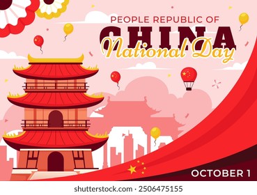 National Day of the People's Republic of China Vector Illustration for October 1st featuring a Waving Flag and Asian Elements in a Flat Red Background