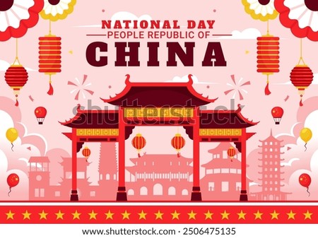 National Day of the People's Republic of China Vector Illustration for October 1st featuring a Waving Flag and Asian Elements in a Flat Red Background