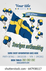 National Day poster with Swedish flag and blue and yellow balloons. Swedish text saying "National Day in Sweden"