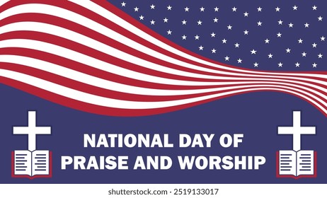 National Day of Praise and Worship vector banner design with geometric shapes and vibrant colors on a horizontal background.