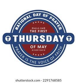 national day of prayer badge, stamp, logo, tshirt, annual prayer day for united state of american nation, pray to God for wellness and happines vector illustration, held on the first Thursday of May