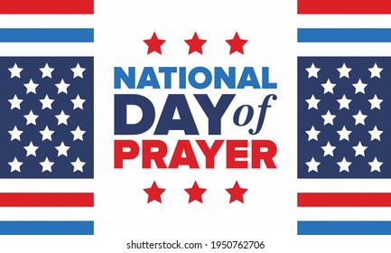 National Day of Prayer in United States. First Thursday of May. Annual day when Americans turn to God in prayer and meditation. Poster, card, banner and background. Vector illustration