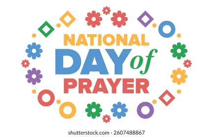 National Day of Prayer in United States. First Thursday of May. Annual day when Americans turn to God in prayer and meditation. Poster, card, banner and background. Vector illustration