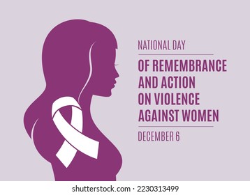 National Day of Remembrance and Action on Violence Against Women vector. Woman purple profile with white awareness ribbon silhouette icon vector. Stop violence against women design element