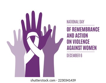 Día Nacional de Recuerdo y Acción sobre la Violencia contra la Mujer Vectorial. Manos hacia arriba y vector de la cinta blanca de sensibilización. Poner fin a la violencia contra la mujer es un elemento de diseño. 6 de diciembre. Día importante