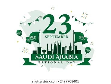 National Day of Saudi Arabia on 23rd September with Kingdom of Saudi Arabia Flag and Cityscape in Flat Background Vector Illustration