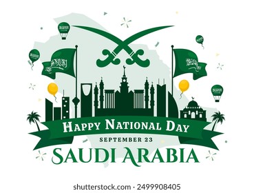 National Day of Saudi Arabia on 23rd September with Kingdom of Saudi Arabia Flag and Cityscape in Flat Background Vector Illustration