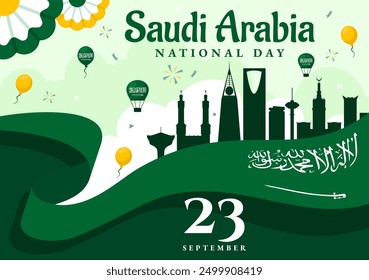 Día Nacional de Arabia Saudita el 23 de septiembre con la bandera del Reino de Arabia Saudita y el paisaje urbano en Ilustración vectorial de fondo plano