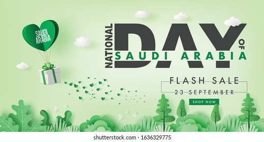 National Day of Saudi Arabia sale banner. 3d gift box with heart balloon. green background. Vector illustration. - Vector