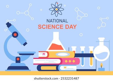 Afiche de la Ciencia del Día Nacional. Microscopio, pila de libros y tubo de ensayo con reactivo. Experimentos en laboratorio. Ciencia y química. Festiva y festival. Ilustración vectorial plana