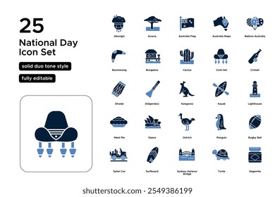 Conjunto de iconos de tono de dúo sólido del día nacional: unidad, identidad nacional, tradiciones e iconos de eventos de celebración