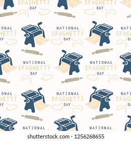 National Day of Spaghetti Pasta Press Machine. Hand Drawn Seamless Vector Pattern Illustration. Isolated Noodles Maker. Traditional National Italian Food Menu, Taste of Italy Cookery Class Packaging.