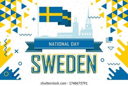 National day of Sweden banner with geometric retro icons and Swedish flag color scheme. Landmarks like riddarholmen church, city hall Stockholm in background. 6 June celebration. Blue Yellow.