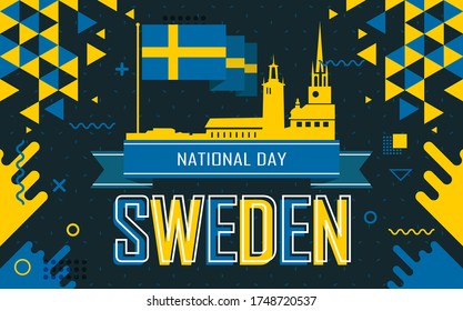 National day of Sweden banner with geometric retro icons and Swedish flag color scheme. Landmarks like riddarholmen church, city hall Stockholm in dark background. 6 June celebration. Blue Yellow.