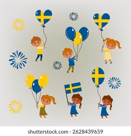 National day in sweden. Icons set. Children, Balloons, garland, flag national colors. Vector cartoon illustration