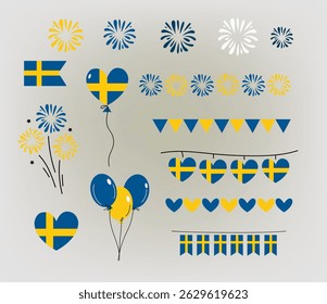 National day in sweden. Icons set. Children, Balloons, garland, flag national colors. Vector cartoon illustration