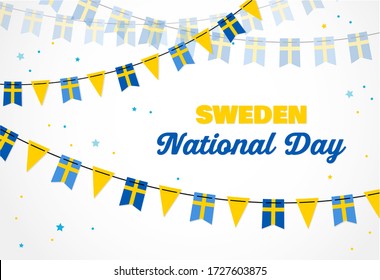 National Day of Sweden, independence day. Vector banner background with bunting of Swedish flags. Background for greeting Card, Poster, Web Banner Design