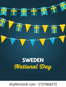 National Day of Sweden, independence day. Vector banner background with bunting of Swedish flags. Background for greeting Card, Poster, Web Banner Design.