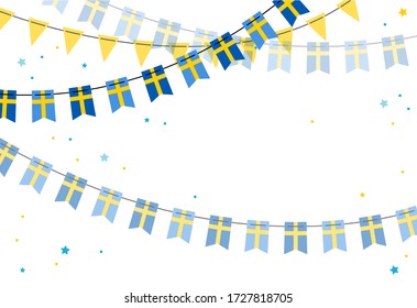 National Day of Sweden, independence day. Vector banner background with bunting of Swedish flags. Background for greeting Card, Poster, Web Banner Design