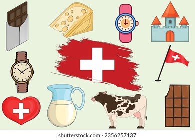 National Day of Switzerland Swiss Flags and chocolate Set of Switzerland Zurich Landmark, Pack for Travel Lovers and Graphic Designers