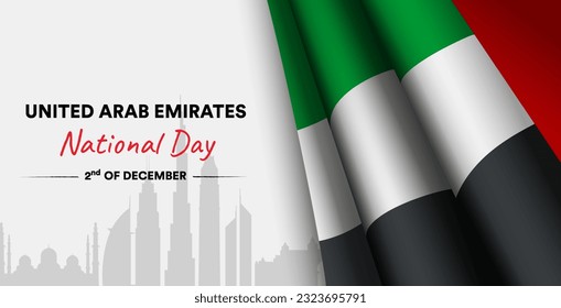 National day UAE black concept. United Arab Emirates flags with text. Oriental culture and traditions, December 2 holiday. Patriotism, freedom and independence. Cartoon flat vector illustration