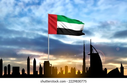 National day of United Arab Emirates. Silhouette of Dubai skyline on background of sunset with UAE flag. EPS10 vector