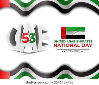 National Day of United Arab Emirates of 53 with  ribbon flag. Waving ribbon in the sky in front of tall buildings Abu Dhabi city. Spirit of the union vector Illustration. eps 10.