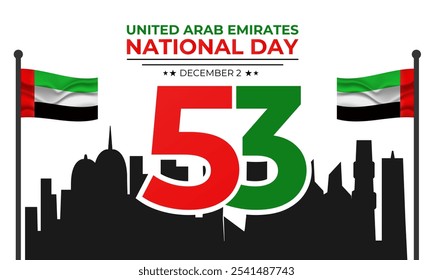 National Day of United Arab Emirates of 53 with  ribbon flag. Waving ribbon in the sky in front of tall buildings Abu Dhabi city. Spirit of the union vector Illustration. eps 10.