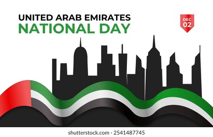 National Day of United Arab Emirates of 53 with  ribbon flag. Waving ribbon in the sky in front of tall buildings Abu Dhabi city. Spirit of the union vector Illustration. eps 10.