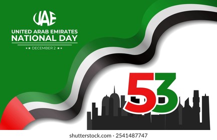 National Day of United Arab Emirates of 53 with  ribbon flag. Waving ribbon in the sky in front of tall buildings Abu Dhabi city. Spirit of the union vector Illustration. eps 10.