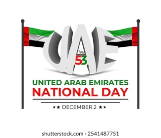 National Day of United Arab Emirates of 53 with  ribbon flag. Waving ribbon in the sky in front of tall buildings Abu Dhabi city. Spirit of the union vector Illustration. eps 10.