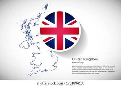 National day of United Kingdom. Elegant national country flag of United Kingdom with outline map. Classic greeting card or banner vector illustration