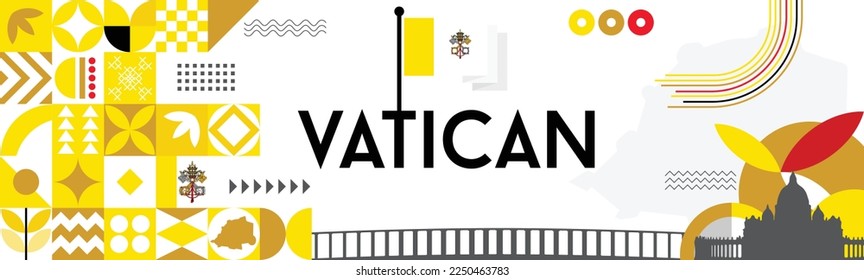 National Day of Vatican city Banner Design. Retro modern abstract design. Illustration art for vatican city Independence day. Yellow and red theme Design with Vatican Flag and emblem.