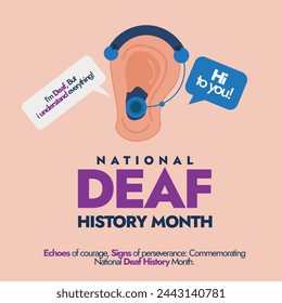 National Deaf history month. Deaf history month from April 1 to 30 celebration banner with ear icon and hearing aid on it.Banner to celebrate he achievements of people who are deaf and hard of hearing