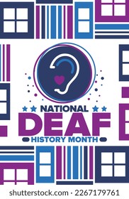 National Deaf History Month. Celebrated from March through April in United States. In honour of the achievement of the deaf and hard of hearing. Poster, postcard, banner. Vector illustration