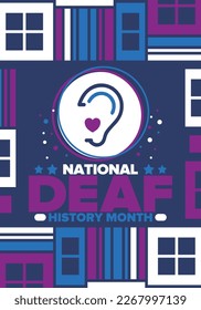 National Deaf History Month. Celebrated from March through April in United States. In honour of the achievement of the deaf and hard of hearing. Poster, postcard, banner. Vector illustration