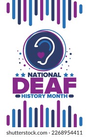 National Deaf History Month. Celebrated from March through April in United States. In honour of the achievement of the deaf and hard of hearing. Poster, postcard, banner. Vector illustration