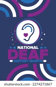 National Deaf History Month. Celebrated from March through April in United States. In honour of the achievement of the deaf and hard of hearing. Poster, postcard, banner. Vector illustration