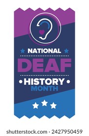 In: National Deaf History Month. Gefeiert von März bis April in den Vereinigten Staaten. Zu Ehren der Errungenschaften der Gehörlosen und Schwerhörigen. Poster, Postkarte, Banner. Vektorgrafik