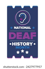 In: National Deaf History Month. Gefeiert von März bis April in den Vereinigten Staaten. Zu Ehren der Errungenschaften der Gehörlosen und Schwerhörigen. Poster, Postkarte, Banner. Vektorgrafik