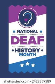 National Deaf History Month. Celebrated from March through April in United States. In honour of the achievement of the deaf and hard of hearing. Poster, postcard, banner. Vector illustration