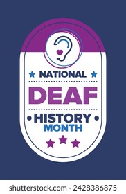 National Deaf History Month. Celebrated from March through April in United States. In honour of the achievement of the deaf and hard of hearing. Poster, postcard, banner. Vector illustration