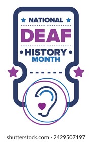 In: National Deaf History Month. Gefeiert von März bis April in den Vereinigten Staaten. Zu Ehren der Errungenschaften der Gehörlosen und Schwerhörigen. Poster, Postkarte, Banner. Vektorgrafik