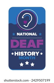 In: National Deaf History Month. Gefeiert von März bis April in den Vereinigten Staaten. Zu Ehren der Errungenschaften der Gehörlosen und Schwerhörigen. Poster, Postkarte, Banner. Vektorgrafik