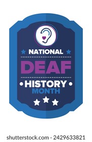 In: National Deaf History Month. Gefeiert von März bis April in den Vereinigten Staaten. Zu Ehren der Errungenschaften der Gehörlosen und Schwerhörigen. Poster, Postkarte, Banner. Vektorgrafik