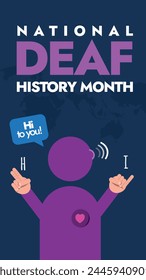 In: National Deaf History Month. National Deaf History Month Celebration Story Banner, Social Media Post mit Männer Symbol Doing Gebärdensprache von Wort I und H. Umarmung Menschen mit Hörbehinderung.